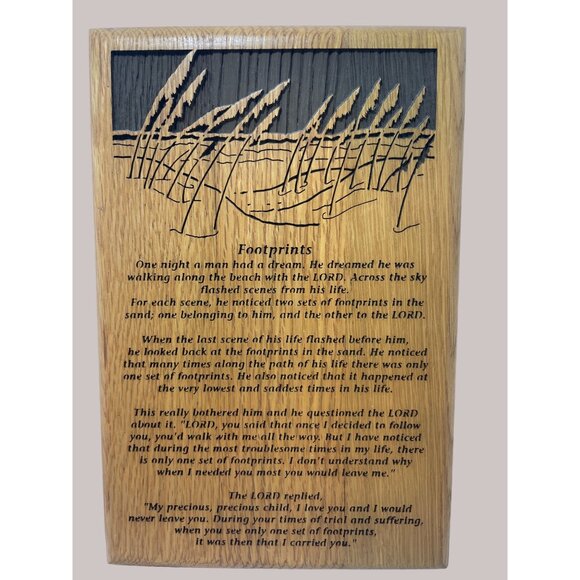 Foot Prints in the Sand on a Solid Oak Plaque Laser Engraved Piece 6.25" x 4.25" - Picture 1 of 5